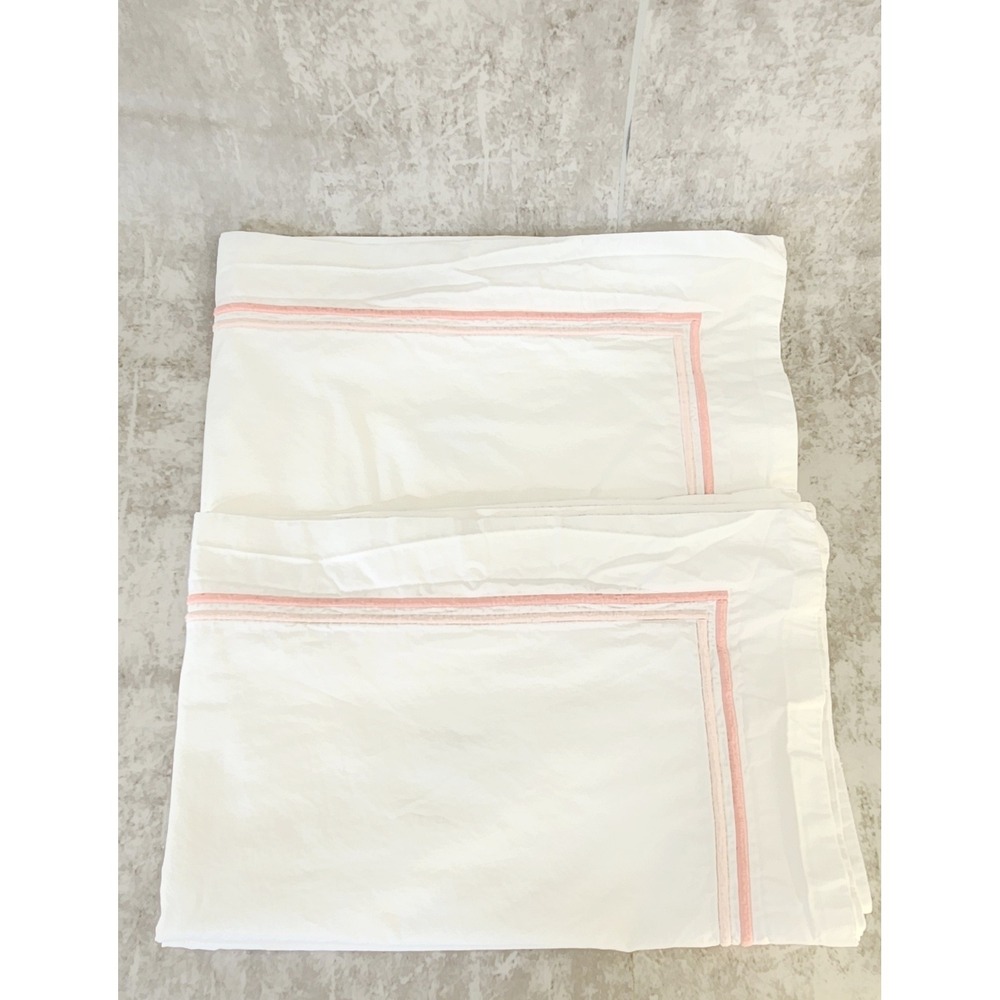 Matouk Essex Euro Sham 2PC Set White Pink Cotton Embroidered Border Hotel Luxury